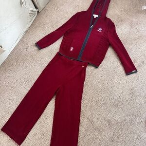 ST JOHN by Marie Gray Trim Hooded Santana Knit Jacket And Pants Set